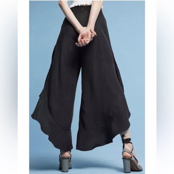 ANTHROPOLOGIE ELEVENSES ANTILLES WIDE LEG BLACK RUFFLE PANTS SIZE 0 - Picture 1 of 10